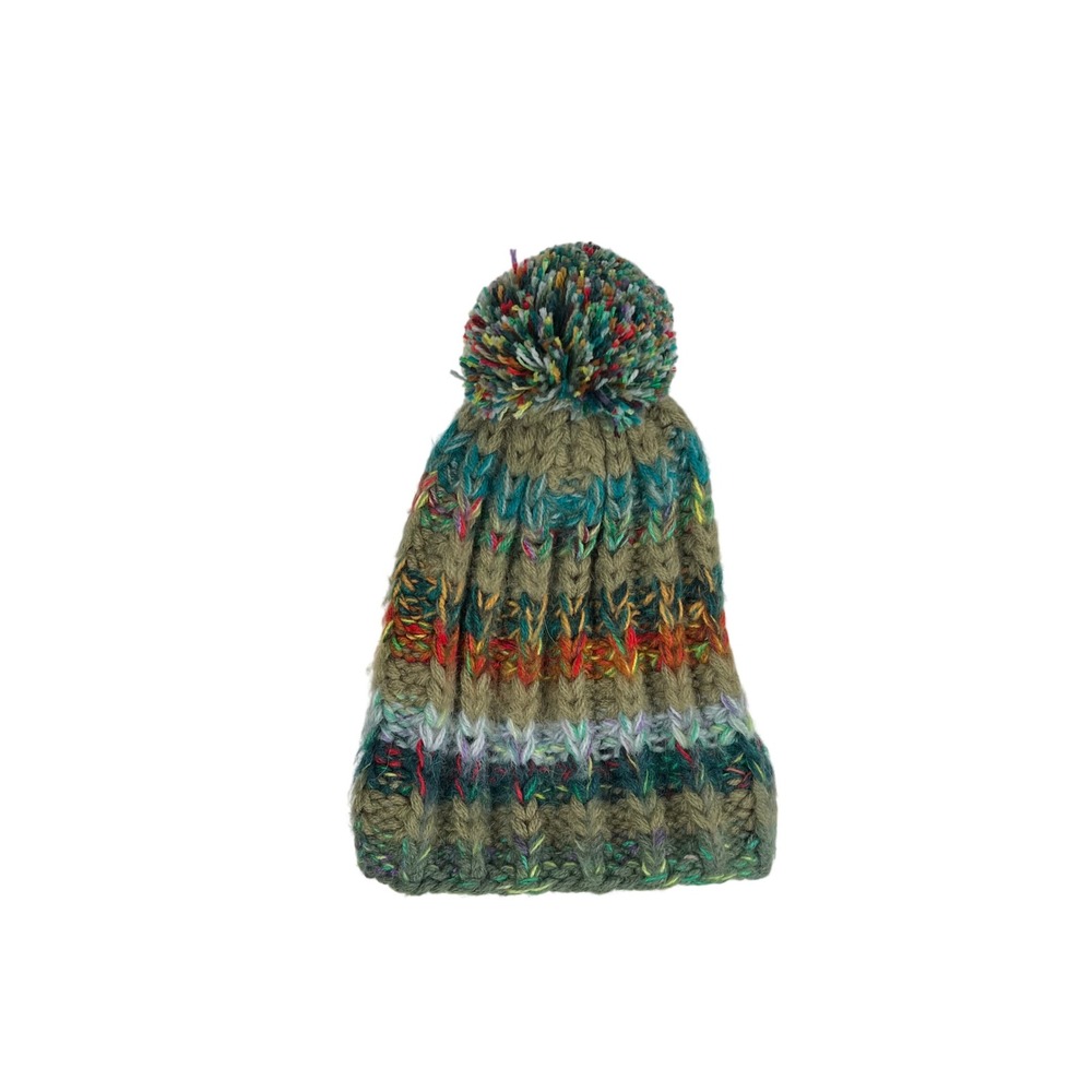 Andes Gifts Multi Color Chunky Knit Pom Pom Beanie Olive Green Alpaca Blend‎
